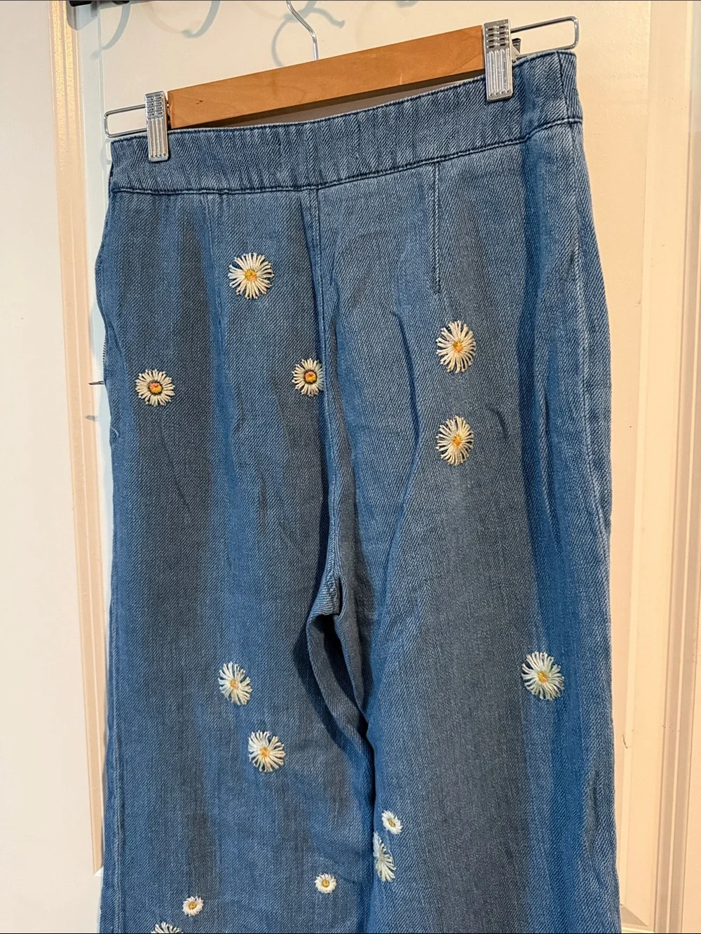 Free People Blue Denim Wide-Leg Pants with Daisy Embroidery